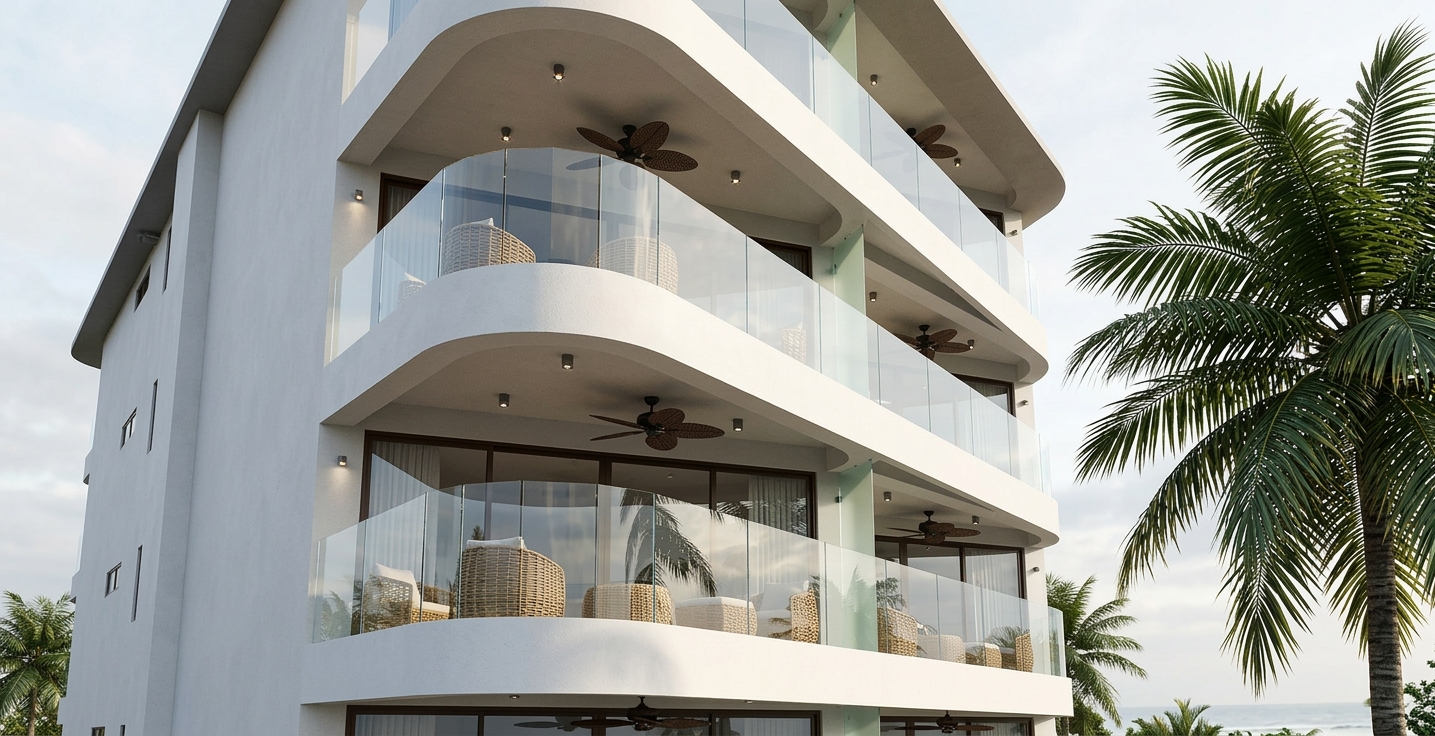 Elegant balconies with tropical ceiling fans and ocean breeze
